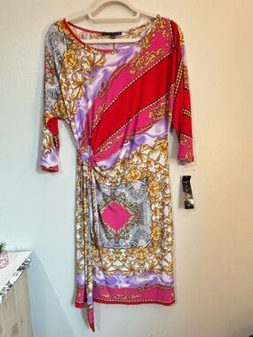Tiana B. Pink, Gold and Lavender Printed Tie-Waist Midi Dress